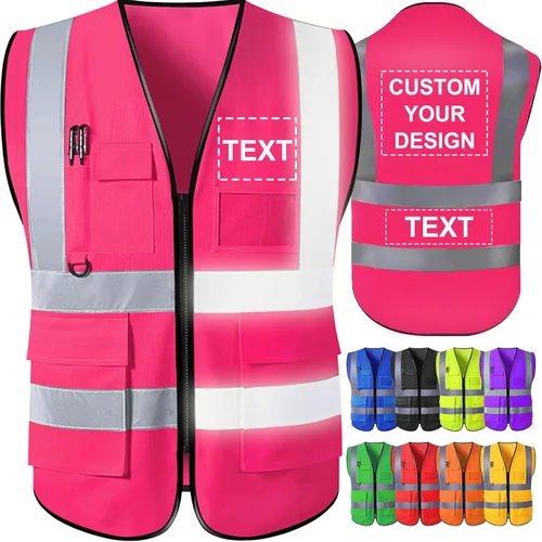 Vista 11 de Chaleco de seguridad personalizado para hombre con bolsillos con logo, chalecos reflectantes de alta visibilidad para construcción, ropa