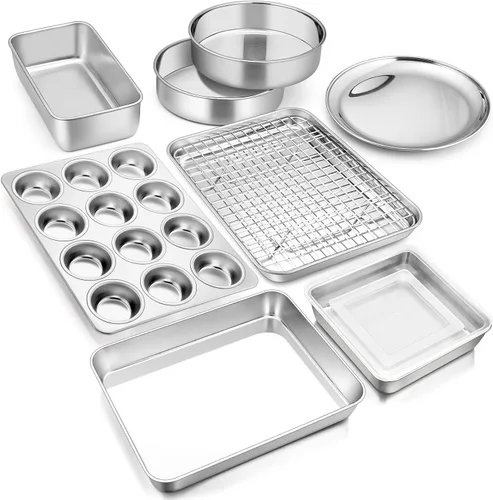 Vista 9 de E-far Juego de 3 bandejas para hornear galletas, 16/12.4/10.4 pulgadas, juego de bandejas de acero inoxidable para horno, bandeja rectangular