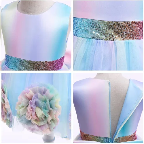 Vista 4 de IZKIZF Vestido de princesa de lentejuelas de unicornio para niñas vestido de lujo de tul alto disfraz de Halloween fiesta de Navidad boda vestido