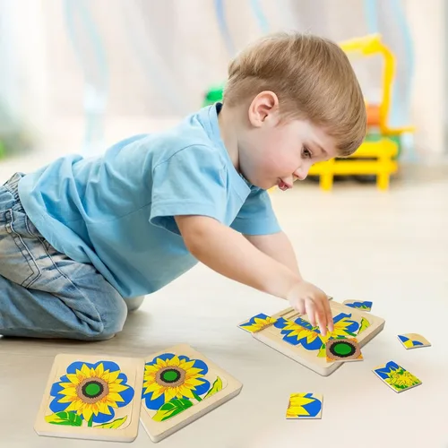 Vista 5 de Montessori - Rompecabezas de madera con diseño de girasol de 4 capas