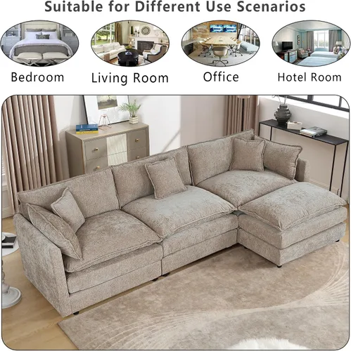 Vista 7 de Setawix Sofá Profundo de 3 Plazas con Otomana, Sofás de Nube en Forma de L de 112.2" para Sala de Estar, Sofá de Nube de Chenilla con Asiento Café