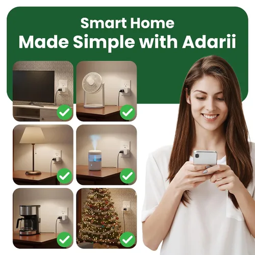 Vista 4 de Adarii Enchufe inteligente Google Home, compatible con Alexa, enchufe WiFi de 15 A, 2.4 GHz, enchufe Smart Life, control de voz, enchufe inteligente