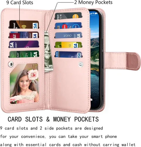 Vista 2 de Njjex Funda tipo cartera para iPhone 15 Pro Max de 6.7 pulgadas 2023, para iPhone 15 Pro Max, 9 ranuras para tarjetas, soporte de crédito