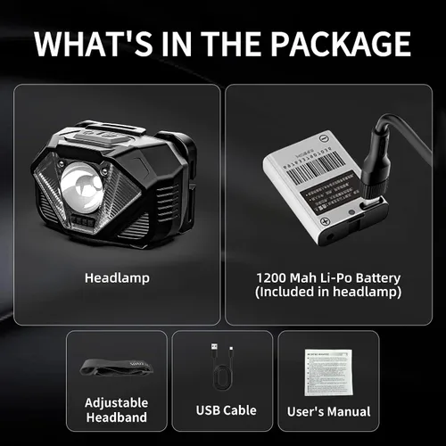 Vista 7 de WARSUN - Linterna frontal recargable, luz LED ajustable con sensor