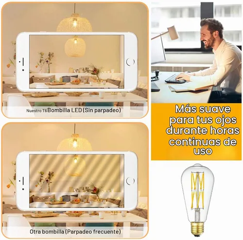 Vista 3 de Bombilla LED Edison regulable de 12 W, 3000 K, blanco suave, 1200 lm, base media E26 equivalente a 100 W, bombillas LED vintage ST64, ángulo de haz