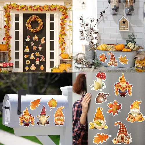 Vista 7 de Whaline 16 imanes de gnomo de otoño para refrigerador, calcomanías de imanes de nevera de otoño, hojas de arce, calabazas, forma de gnomo