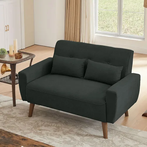 Vista 4 de Sofá de dos plazas con dos cojines, sofá estilo loveseat moderno de mediados de siglo para sala de estar, tela de lino, 48" (Negro)