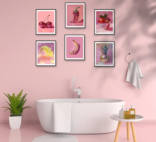 Vista 4 de 6 piezas de arte de pared de bola de discoteca rosa de moda, pintura de bolas de discoteca de frutas, decoración de pared, póster estético
