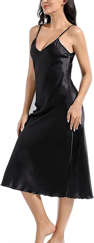 Vista 4 de Camisón de satén para mujer, vestido largo para dormir, camisones de seda con cuello en V Un negro