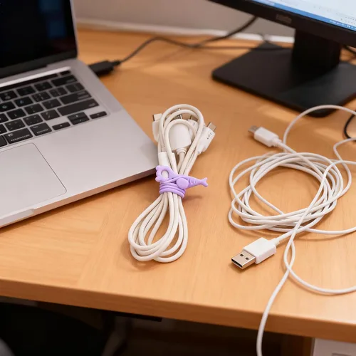 Vista 3 de 28 piezas de bridas de cable de silicona reutilizables, correas de organizador de cable púrpura para cable de carga, cables de computadora