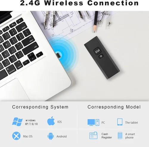 Vista 2 de Escáner de código de barras inalámbrico, mini router automático de código de barras CCD 1D, escáner de código de barras recargable con receptor 2.4G