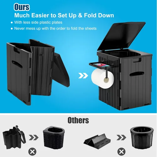 Vista 5 de Inodoro portátil XL para adultos, extra grande de 15.4"H plegable para acampar con estante desmontable para teléfono y soporte para papel