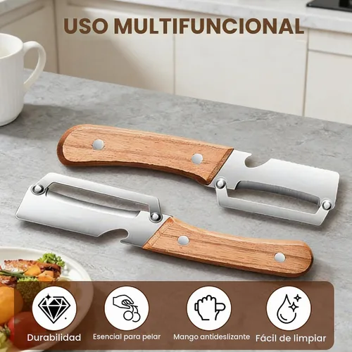 Vista 4 de Nuevo pelador de verduras multifuncional para cocina, con mango de madera y abridor de botellas, hoja de acero inoxidable ultra afilada para frutas