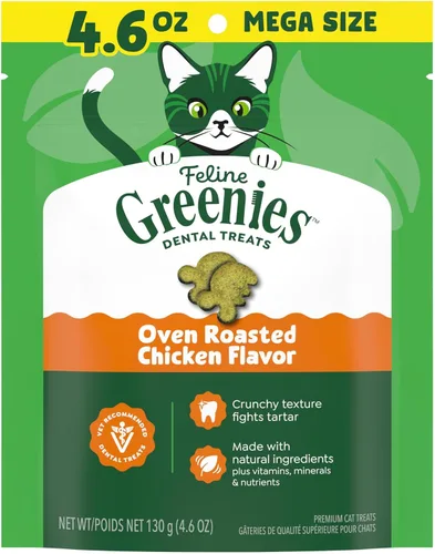 Vista 13 de Greenies Golosinas dentales naturales para gatos adultos recomendadas por veterinarios felinos, sabor pollo asado al horno, bolsa de 2.1 onzas