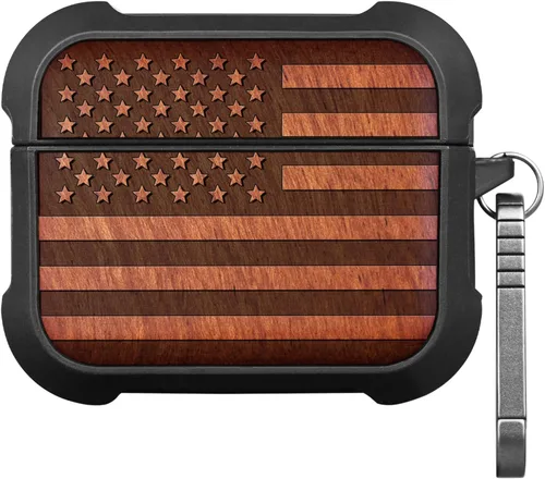 Vista 9 de Carveit - Funda de madera maciza para AirPods Pro 2, bandera estadounidense, color negro