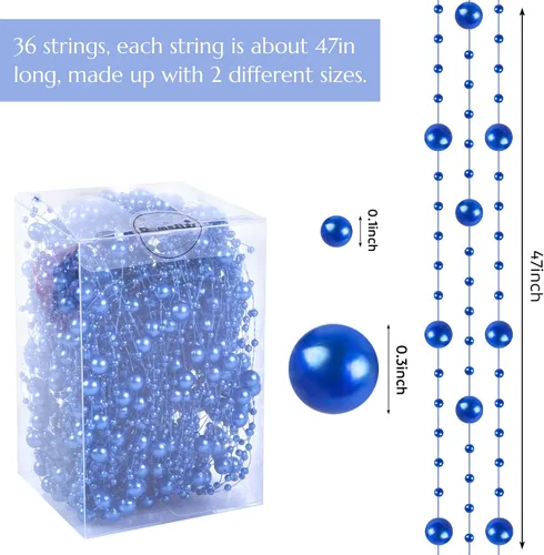 Vista 2 de DomeStar 36 cuerdas de perlas azules para velas flotantes, cuerdas de cuentas artificiales, perlas de imitación azules, rellenos de jarrón para mesa