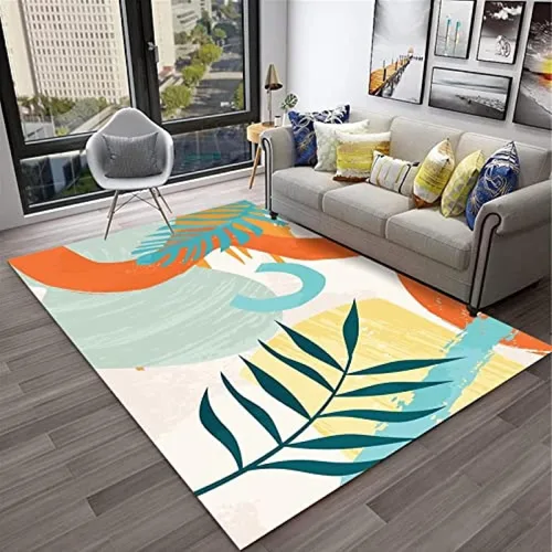 Vista 3 de Alfombra de área con diseño de dibujos animados en acuarela, estilo bohemio de mediados de siglo, con diseño de hojas de palmera tropicales, suave