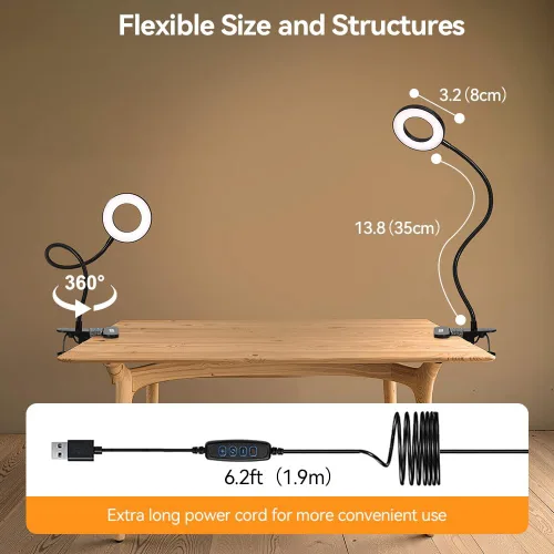 Vista 5 de Skymore Luz de escritorio con clip, [3 modos de color y 10 brillo] Luz de lectura LED con abrazadera, luz de libro de cuello de cisne flexible