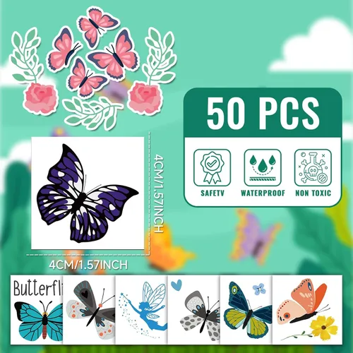 Vista 5 de EMOME 50 hojas de tatuajes temporales de mariposa para niñas, tatuajes envueltos individualmente para fiestas de cumpleaños de mariposas