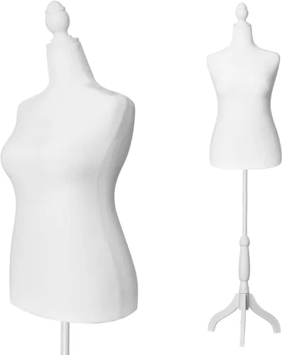 Vista 10 de Maniquí femenino con forma de torso y cuerpo de mujer con trípode ajustable para costura, para exhibición de vestidos, joyería (color beige)