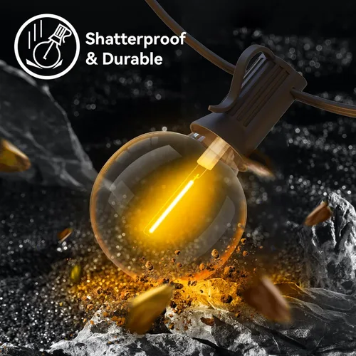 Vista 3 de Tira de luces para exteriores, 50 pies con 27 bombillas LED G40 regulables, inastillables, transparentes, aprobación UL, impermeable, 1 W, 2700 K