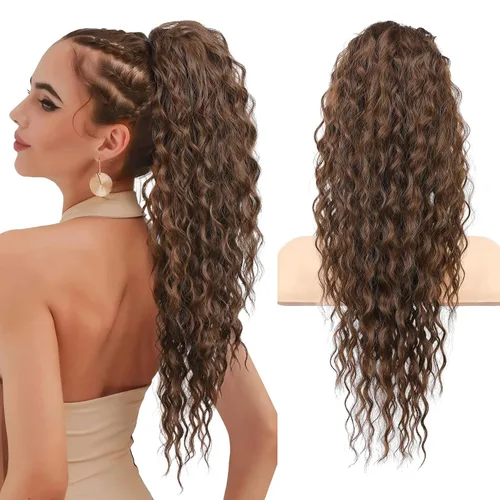 Vista 21 de Flufymooz Extensión de cola de caballo, 22 pulgadas, estilo bohemio, con cordón, extensiones de cabello para mujer, cola de caballo larga, rizada