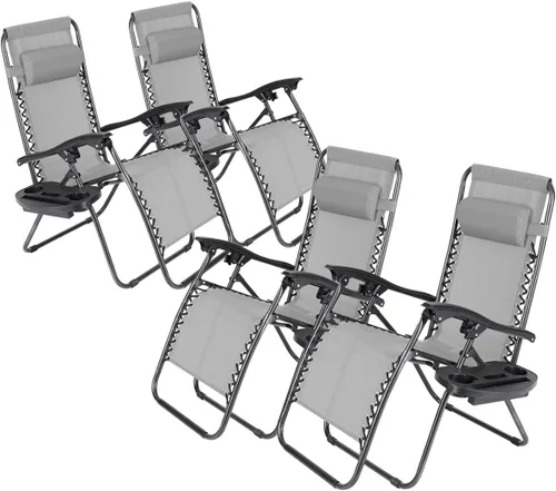 Vista 10 de Juego de 4 sillas reclinables de gravedad cero de malla de acero para acampar al aire libre con reposapiés, ajustable, almohada, bandeja, beige