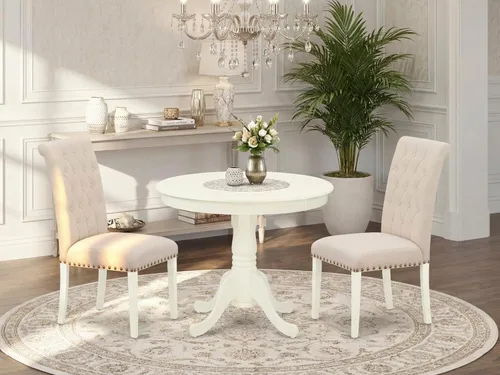 Vista 2 de East West Furniture ANBR3-LWH-02 Juego de mesa de comedor de 3 piezas contiene una mesa de comedor redonda con pedestal y 2 sillas tapizadas de tela