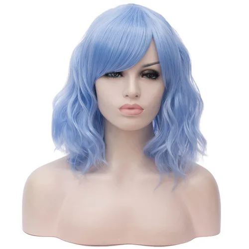 Vista 19 de BUFASHION Peluca rizada corta ondulada de 14 pulgadas para mujer, peluca sintética para cosplay, Halloween, peluca con flequillo lateral (negro)
