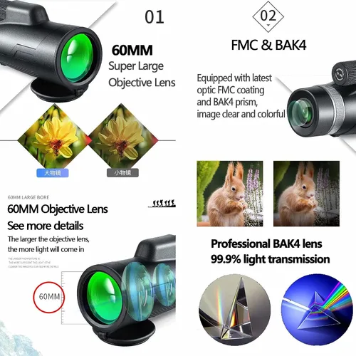 Vista 3 de YSCO Monocular Telescope for Smartphone, Monoculars for Adult High Power with Night Vision, Handheld Telescope with Tripod and Phone Holder, 60mm