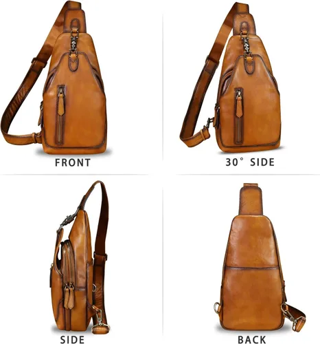 Vista 4 de LRTO Bolso bandolera de cuero genuino para hombres y mujeres, bolso cruzado de hombro de cuero real, bolsa de pecho, mochila