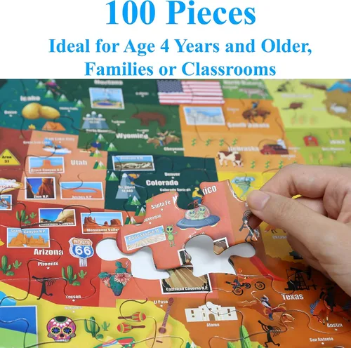 Vista 2 de Think2Master Rompecabezas colorido de 100 piezas con mapa de Estados Unidos y mapa de Europa de 100 piezas. Divertido juguete educativo para niños