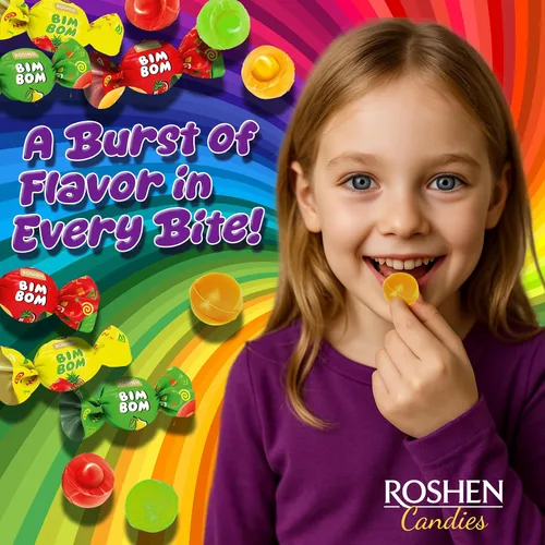Vista 3 de Roshen Bim Bom Caramelos Duros – Caramelos surtidos rellenos de frutas y bayas, envueltos individualmente, a granel de 16.5 oz (468g)