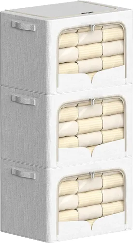 Vista 17 de FHSQX Paquete de 3 contenedores de almacenamiento de ropa plegables con marco de metal, caja de almacenamiento apilable, organizador de tela de lino