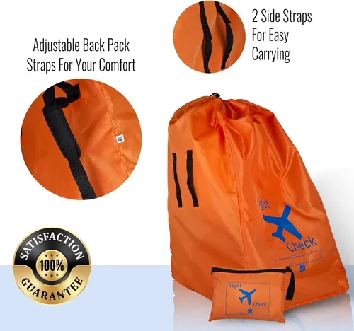 Vista 4 de Bolsa de viaje para asiento de automóvil y portaequipajes para puerta con bolsa de viaje, naranja brillante con letras azules para aeropuerto