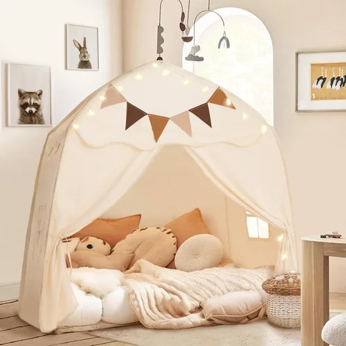 Vista 11 de Tienda de Juegos Extra Grande para Niños con Banderas y Luces de Estrella, Tipi Portátil y Plegable, Tiendas de Cama Dosel de Cama para Niños