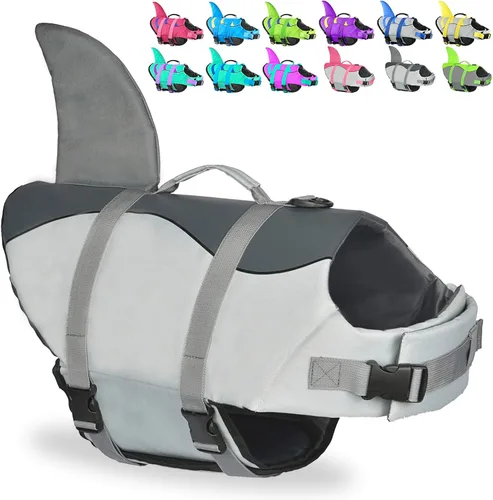 Vista 11 de Chaleco salvavidas para perros de Fragralley Shark, chaleco salvavidas ajustable para perros con aleta de tiburón, adecuado para perros pequeños