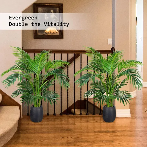 Vista 6 de Worth Garden - Palma areca artificial de 4 pies, 2 paquetes en maceta, palmera de caña falsa para interiores y exteriores, Dypsis Lutescens, planta