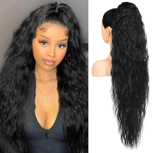 Vista 12 de HOOJIH Extensión de cola de caballo, extensiones de cabello con cordón para cola de caballo de 26 pulgadas de largo, pelo rizado y ondulado natural
