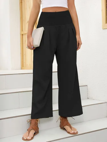 Vista 4 de QIANXIZHAN Pantalones cortos de pierna ancha para mujer, pantalones palazzo de cintura alta, pantalones de verano bohemios fluidos para la playa