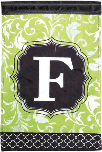 Vista 2 de Monogram E - Bandera de jardín rectangular con doble aplique de filigrana verde y negro, de 18 x 13 pulgadas Filigrana Verde E