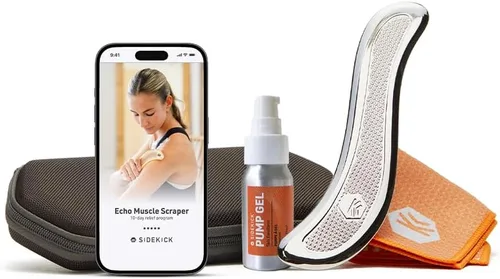 Vista 8 de SIDEKICK Echo Muscle Scraper - Herramienta Gua Sha de acero - con agarre antifatiga patentado de acero inoxidable - Kit completo incluido - Diseñado