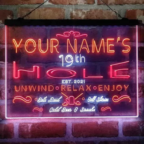 Vista 14 de Personalized 19th Hole Golf Club Tri-Color LED Neon Light Sign Customize Name Date Text Quote Font Green & Red & Yellow 13 x 8.7 Inches