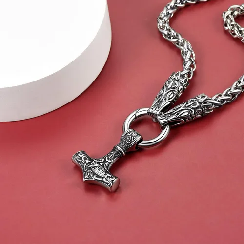 Vista 9 de FaithHeart Collar punk nórdico vikingo para hombre, collar grueso, acero inoxidable, Mjolnirnudo celta, cabeza de lobo, colgante de amuleto, joyería
