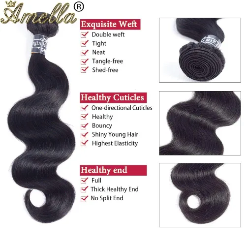 Vista 2 de Amella 3 paquetes de 3 mechones de cabello virgen brasileño ondulado (8, 10, 12 pulgadas), negro natural) 8A, 100% sin procesar, cabello humano