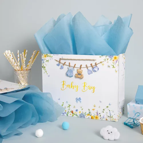 Vista 8 de Crisky Bolsa de regalo grande de 13" para niño con papel de seda, tarjeta de regalo y lazo para decoración de baby shower y cumpleaños de niño
