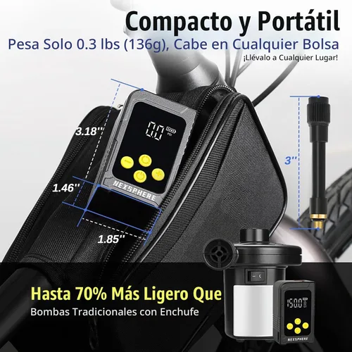 Vista 4 de Mini bomba de neumáticos para bicicleta, máximo 150 PSI, bomba de bicicleta de inflado rápido de 25 s con calibre, inflador eléctrico de neumáticos