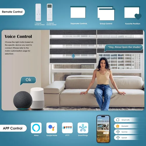 Vista 3 de Persianas motorizadas de cebra, 85 % opacas, automáticas que funcionan con HomeKit, Alexa, Google Home, control remoto, oficina en casa
