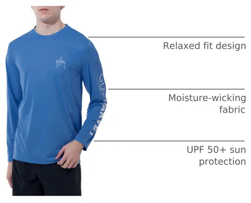 Vista 4 de Guy Harvey Camisa de manga larga para hombres con protección solar de rendimiento SPF UPF 50+ Azul celeste