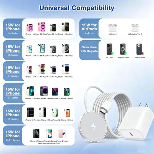 Vista 2 de [Certificado MFi de Apple] Cargador magnético inalámbrico para iPhone, cargador Magsafe, almohadilla de carga rápida de teléfono de 6 pies y 15 W